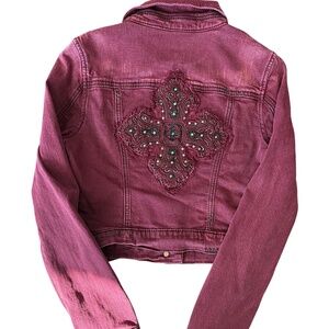 Miss Me Rare Cabernet Cropped Denim Jacket w/ Rhinestone Cross Size M